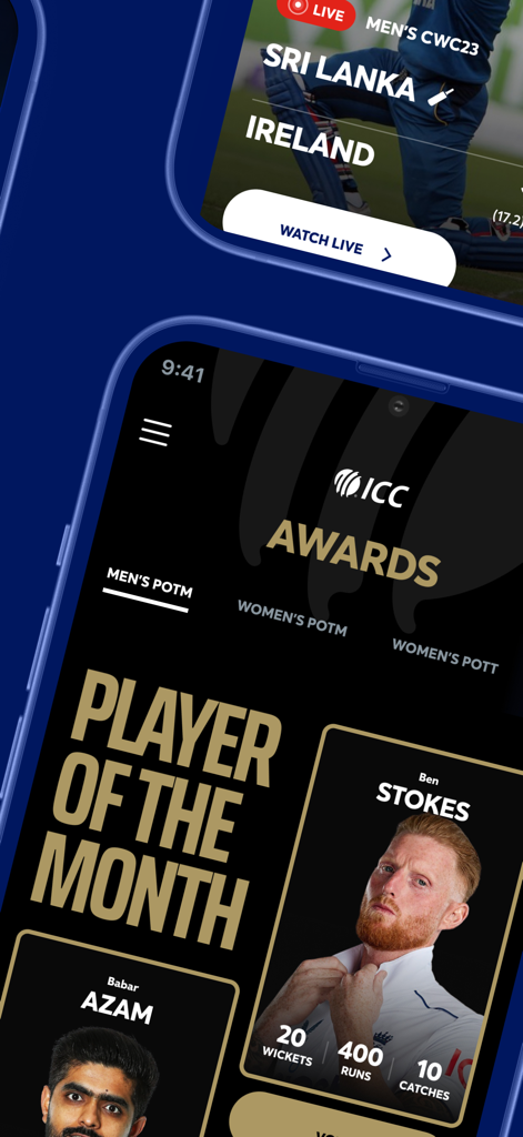 Screenshots of the ICC Official app showing live cricket scores and player awards