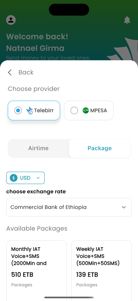 Arif Remit - Arif Remit app interface for selecting mobile providers and purchasing airtime packages.