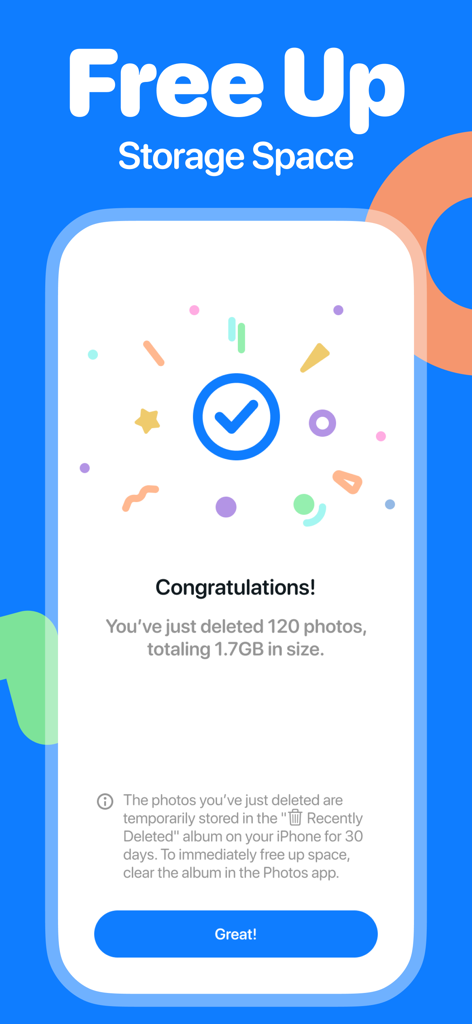 Ein Erfolgsbildschirm in der CleanUp Now App, der anzeigt, dass 1,7 GB Speicherplatz nach dem Löschen von 120 Fotos freigegeben wurden.