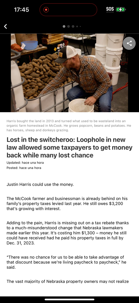 Screenshot of a local news article from News Channel Nebraska about a property tax law featuring a farmer from McCook.