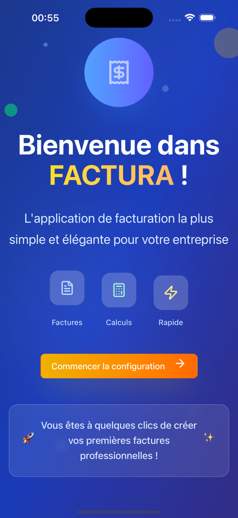 FACTURA PRO - Welcome screen of the Factura Pro invoicing app in French showing icons for invoices calculations and speed