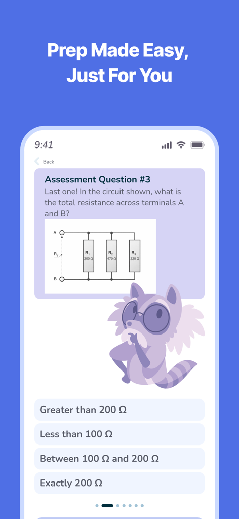 ASVAB Practice Test | 2026 - A practice question about circuit resistance in the ASVAB study app featuring a raccoon mascot