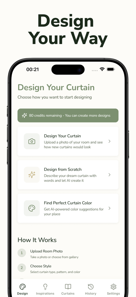 Curtain AI: Home Decor Design - Menú principal de la aplicación Curtain AI que muestra opciones de diseño para decoración del hogar y tratamientos de ventana.