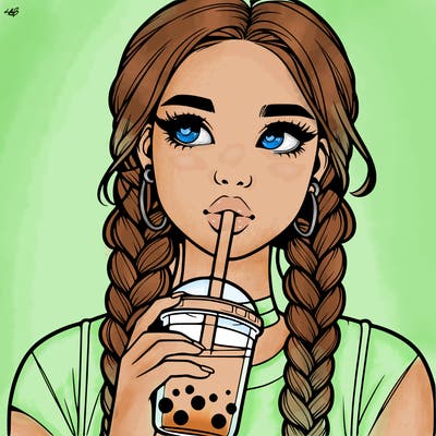 realistic girl with braided hair drinking boba