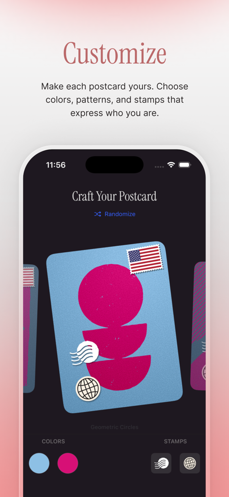 Lost Post: Daily World Stories - Customizing a digital postcard in the Lost Post app with colors and stamps