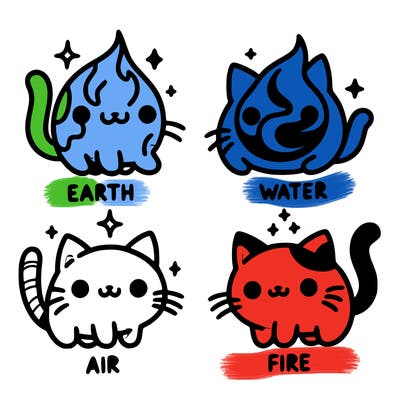4 cats that represent the different elements, earth, water, air, and fire