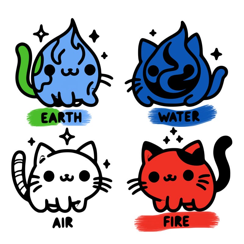 4 cats that represent the different elements, earth, water, air, and fire