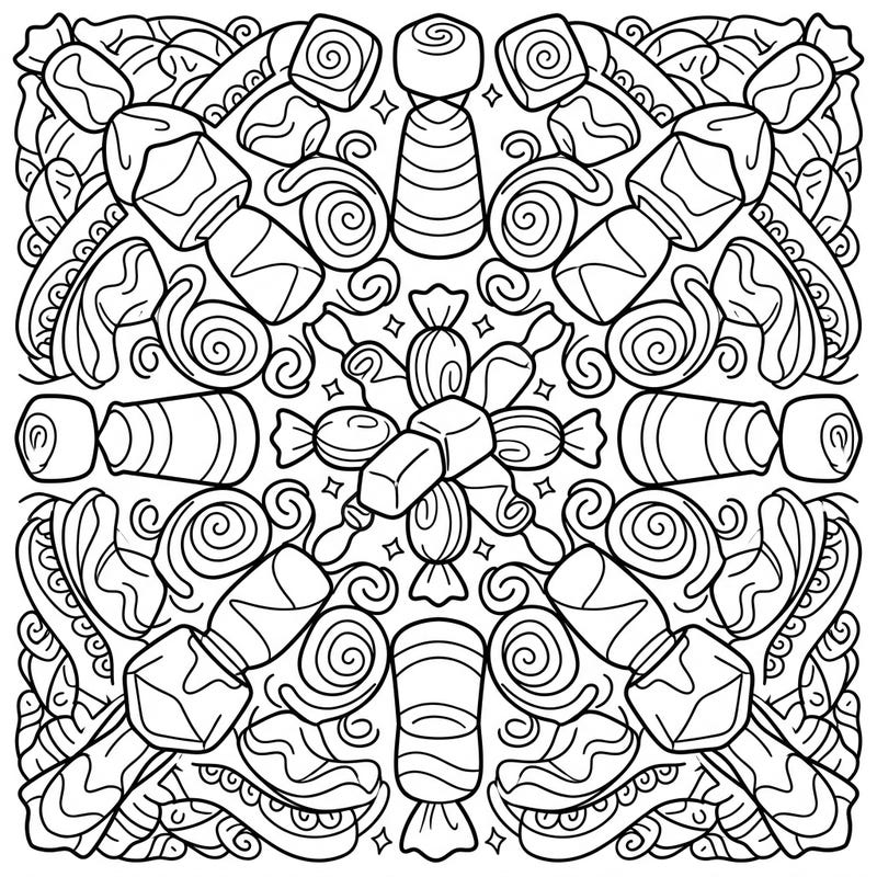 Dive into a world of sweetness with this delightful caramel mandala coloring page. Designed specifically for kids, it features an array of delicious caramels arranged in a fun and symmetrical pattern, ready for vibrant colors.