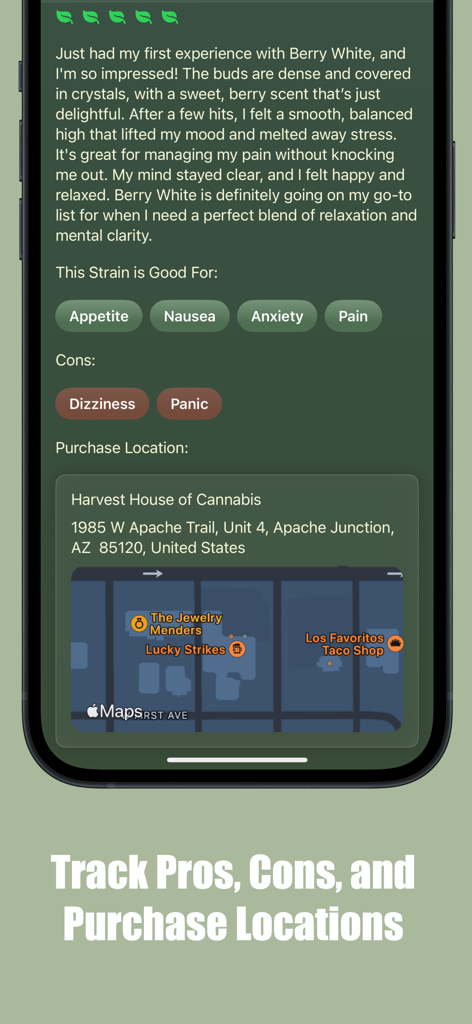 Screenshot of the Cannoisseur app showing a cannabis strain journal entry with ratings effects and purchase location map