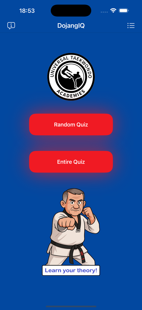 DojangIQ - DojangIQ app home screen featuring quiz options and a cartoon martial arts instructor in a white uniform