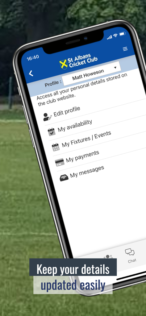 Smartphone mit dem Hitssports App-Profilmenü für ein Cricket-Clubmitglied