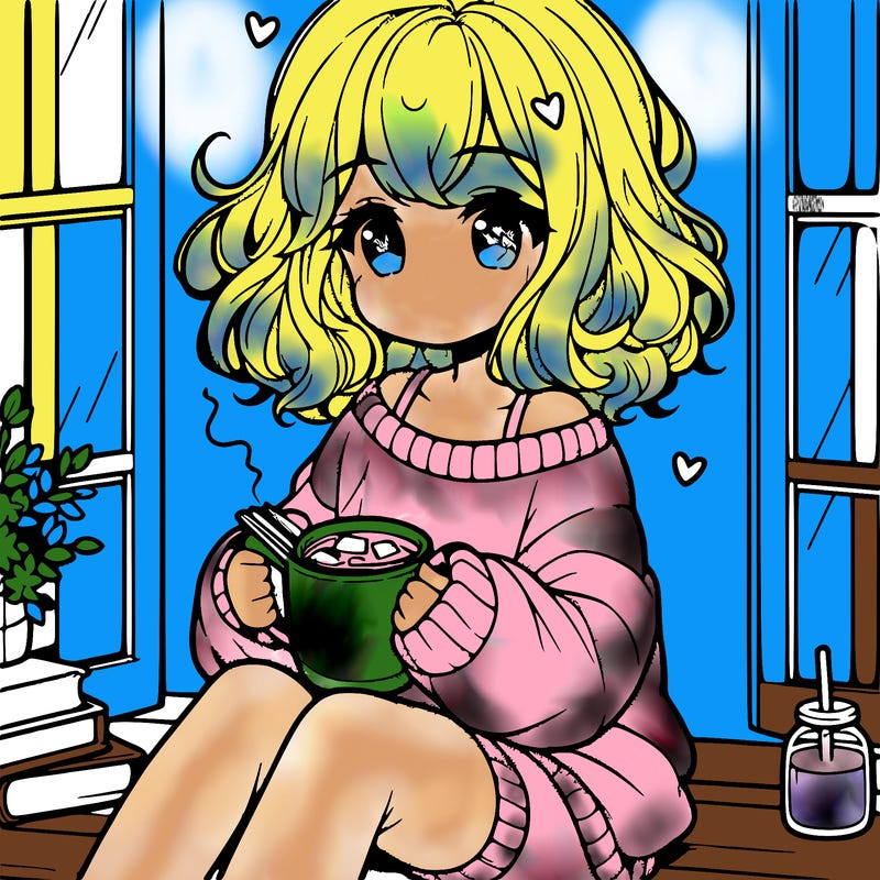 cute anime girl reading book and drinking hot chocolate from mug with loose wavy hair wearing a baggy sweatshirt and shorts sitting by windowsill looking out