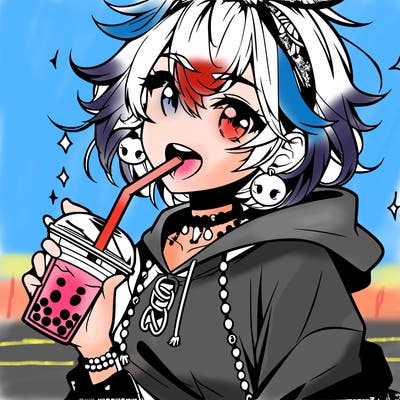 hot baddie anime girl drinking boba and biting the straw