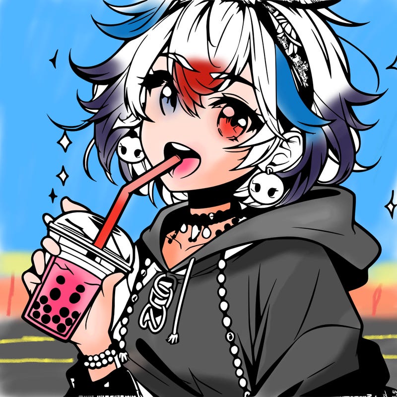 hot baddie anime girl drinking boba and biting the straw