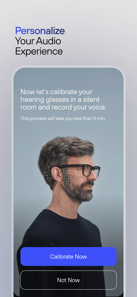 Nuance Audio app screen showing audio calibration for hearing glasses with a man wearing stylish eyewear