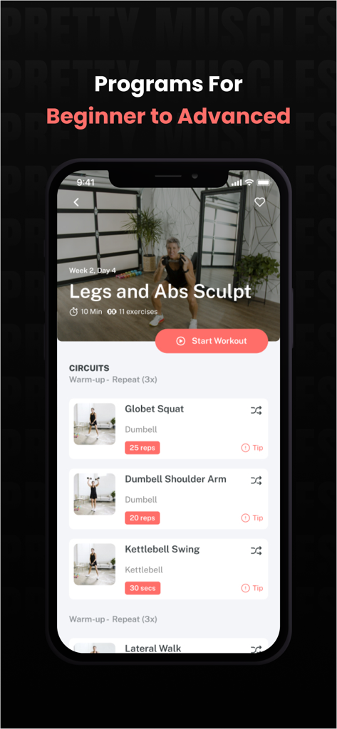 PRETTY MUSCLES by Erin Oprea - Pretty Muscles app interface displaying a legs and abs workout program with specific exercises and instruction videos.