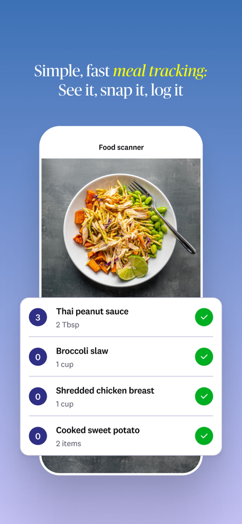 WeightWatchers Program - Interfaz de la aplicación WeightWatchers que muestra el seguimiento de comidas basado en fotos y los valores de puntos de los alimentos