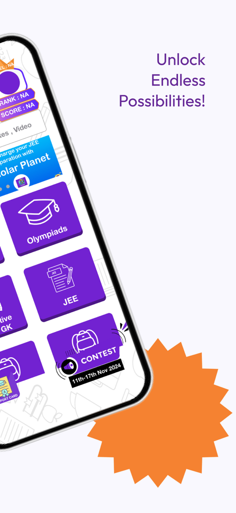 Interfaz de la aplicación Scholar Planet que muestra categorías educativas como Olimpiadas JEE y GK