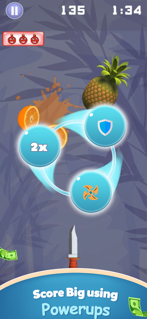 Fruit Fighter: skillz prizes - Fruit Fighter gameplay showcasing the use of powerups to score big