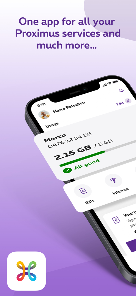 Proximus plus app interface showing mobile data usage and account overview