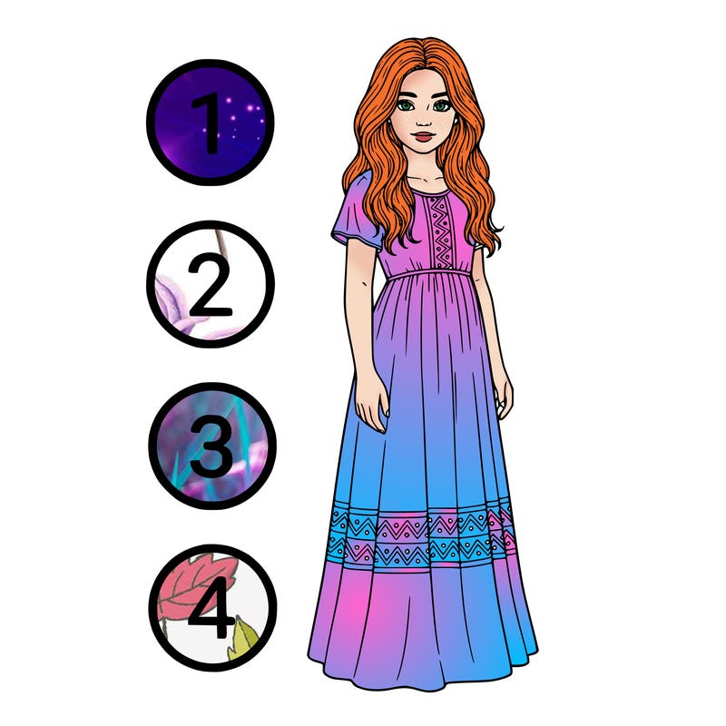 a girl with a bunch of circles on the side of the drawing next to her with numbers 1 2 3 and 4 and no background tall realistic girl