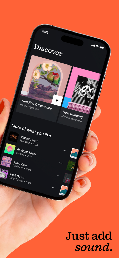 Epidemic Sound Music for Video - Smartphone showing the Epidemic Sound app discover screen with curated music playlists for content creators