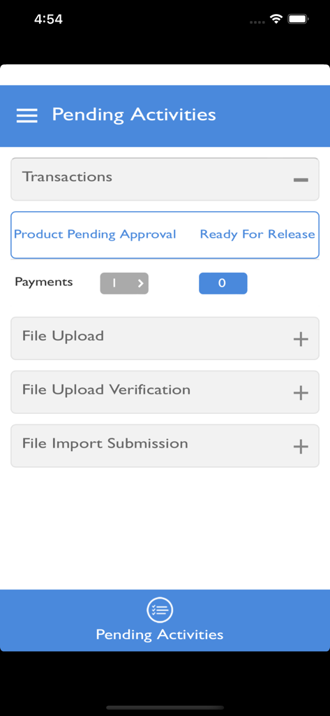 YES Biz Online - Dashboard of YES Biz Online app showing pending transaction approvals and file uploads