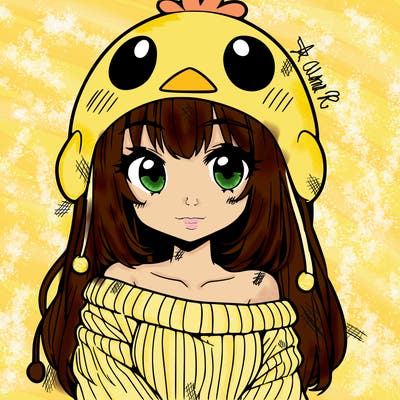 anime girl with chick shaped hat with sweater with bare shoulders with bangs covering them one eye with low tail