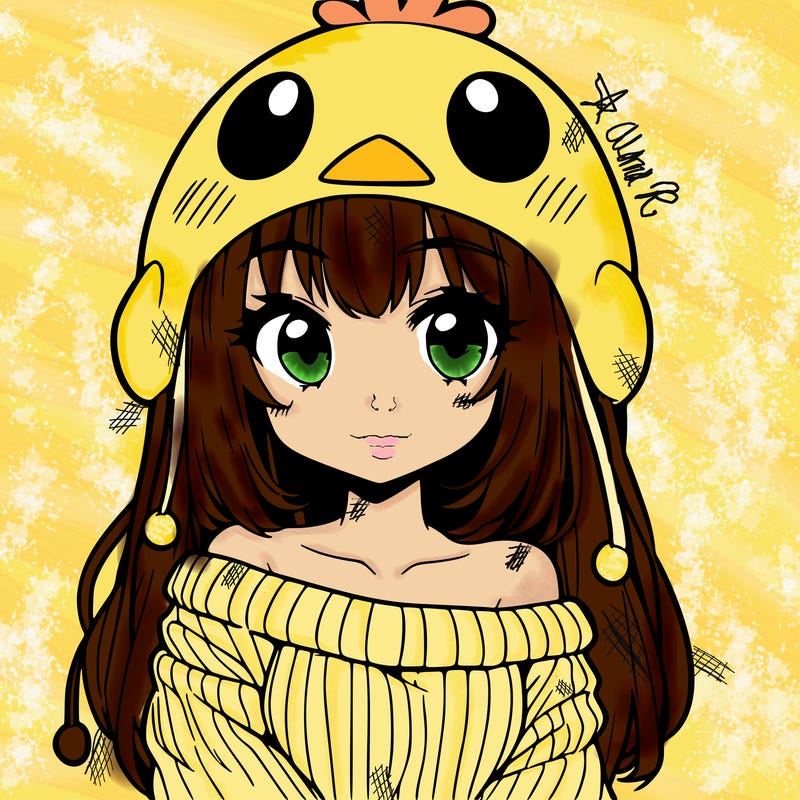anime girl with chick shaped hat with sweater with bare shoulders with bangs covering them one eye with low tail