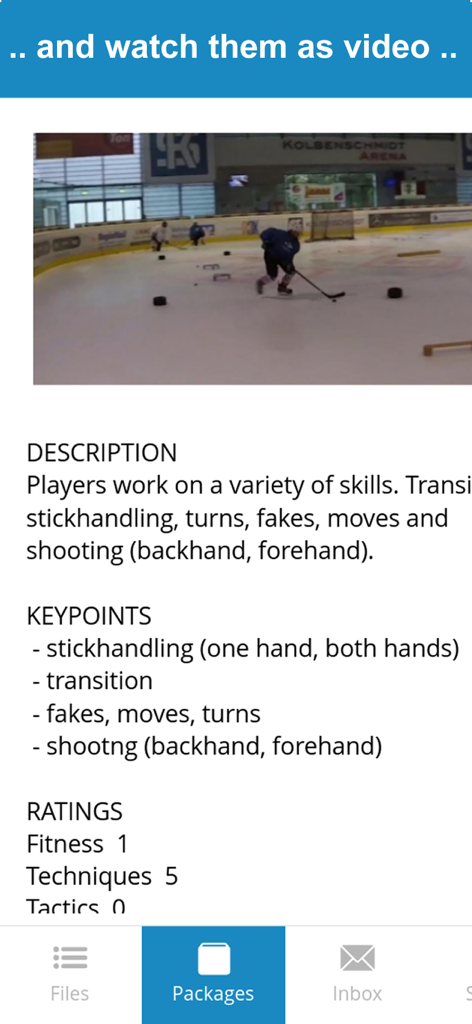 Captura de pantalla de la aplicación Hockey Coach Vision Player que muestra un video de un ejercicio en el hielo con puntos clave detallados y puntuaciones para habilidades como el manejo del stick y el tiro.