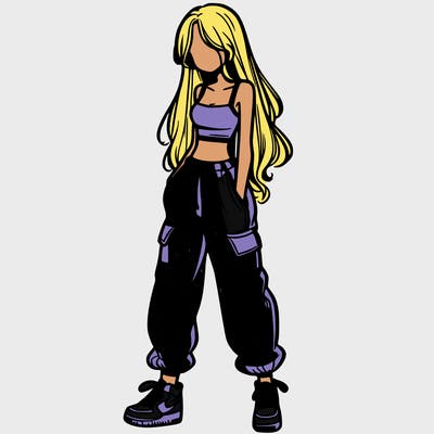 girl in baggy pants crop top and long hair