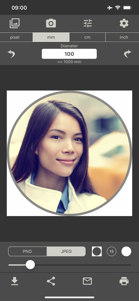Round Photo - Round Photo app interface showing a circular portrait crop with diameter settings in millimeters