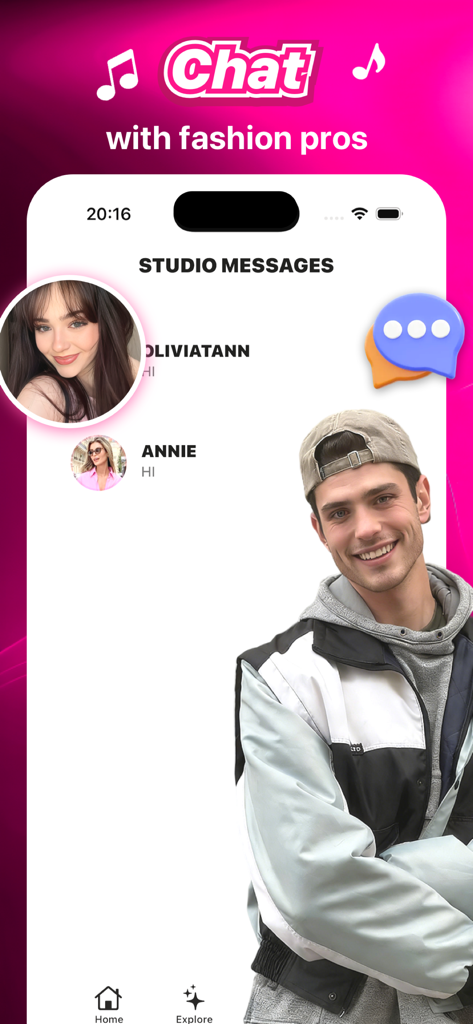 Daphne - Chat & Social - Une capture d'écran de l'application Daphne montrant l'interface des messages Studio pour discuter avec des professionnels de la mode.