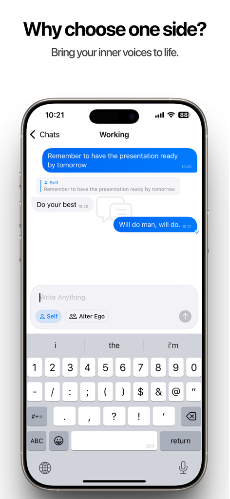 SoloType - Chat with Yourself - SoloType mobile app interface displaying a chat conversation between two inner voices