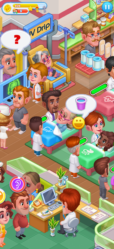 医師がベッドで患者を治療している、Happy ASMR Hospitalゲームの賑やかな医療センター。