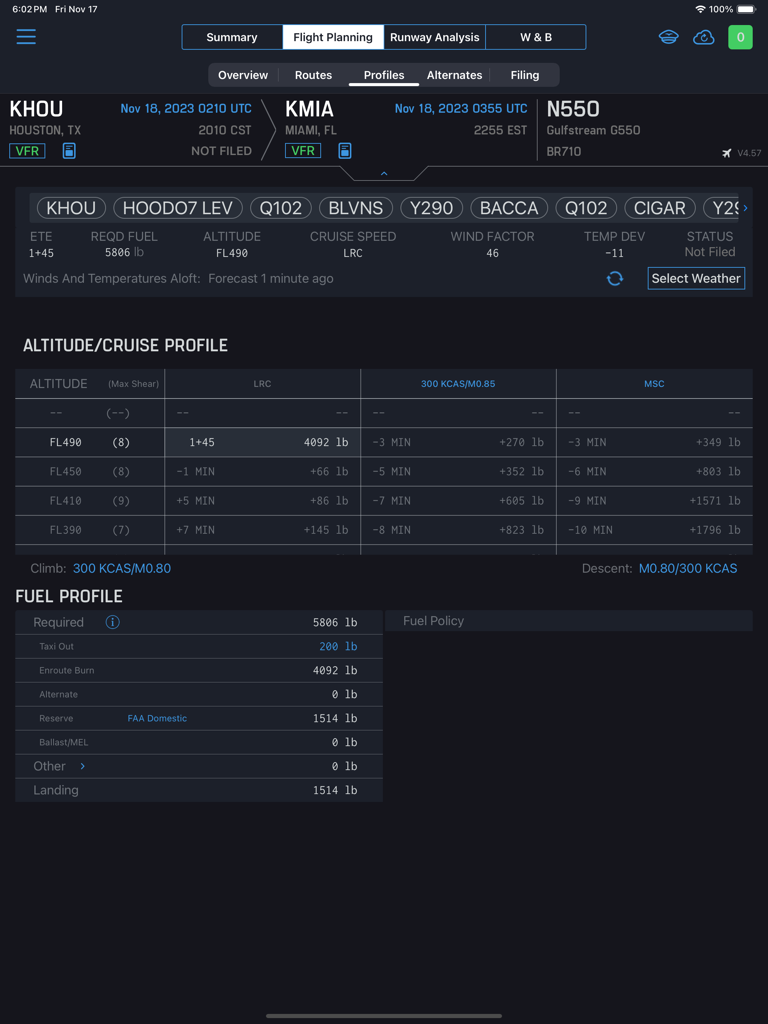 Genesis PRO - Genesis PRO flight planning interface showing altitude cruise profile and fuel requirements for a Gulfstream G550 flight