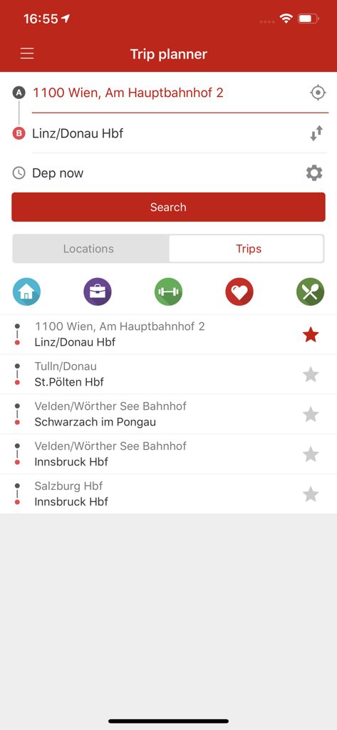 ÖBB Scotty - Mobile App-Oberfläche des ÖBB Scotty Reiseplaners, die eine Routensuche von Wien nach Linz mit aktuellen Reisezielen anzeigt