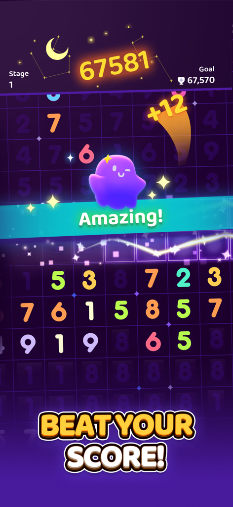 Number Master: Ten Pair Puzzle - Capture d'écran du jeu Number Master Ten Pair Puzzle montrant un record atteint et une grille de chiffres colorés.