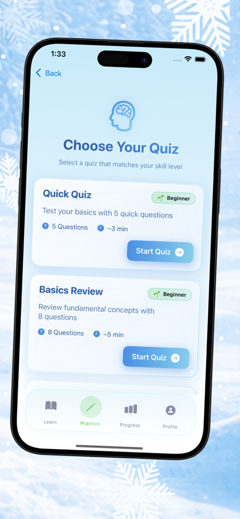 Ice Stack - Pantalla del menú de cuestionarios de la aplicación Ice Stack mostrando varias opciones de cuestionarios de codificación para principiantes.