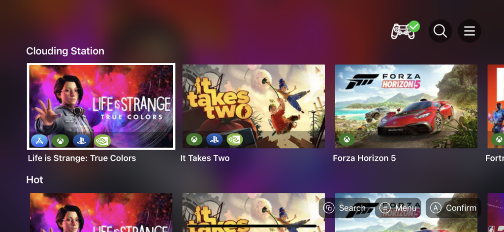 Clouding Station menu in ShanWan Controller app displaying console titles like Forza Horizon 5 and It Takes Two with platform compatibility icons
