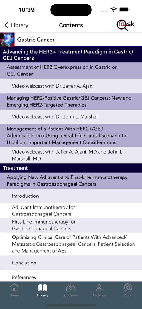 Library screen for Gastric Cancer treatment content in the Hem/Onc @Point of Care app.