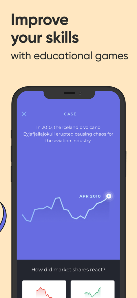 Investmate app interface showing an interactive trading case study about market reactions to historical events