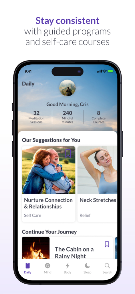 Gradual Life: Yoga, Meditation - Pantalla de la aplicación Gradual Life que muestra estadísticas diarias de atención plena y sugerencias de bienestar personalizadas.