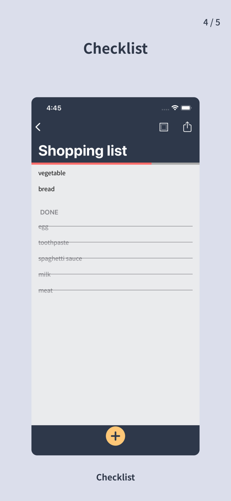 A minimalist shopping list interface showing completed items with strikethrough and pending grocery tasks