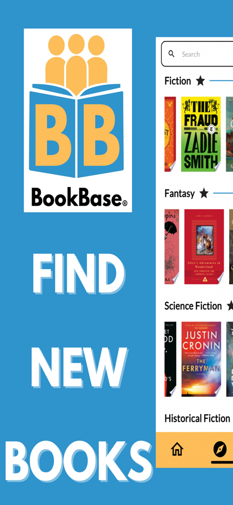 BookBase - BookBase app interface showing various book categories like Fiction and Fantasy for finding new reads.