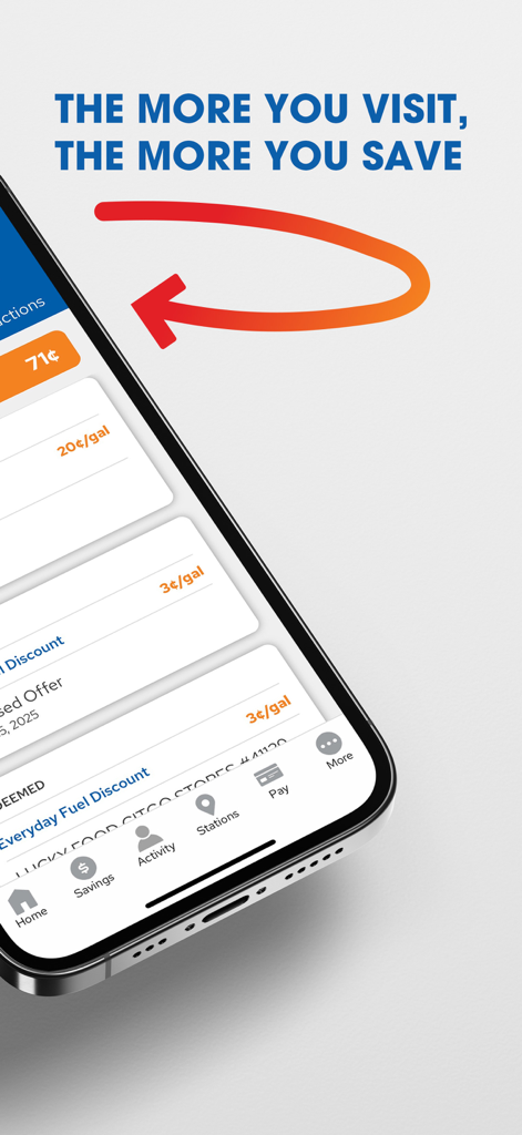 Club CITGO mobile app screen showing fuel savings rewards and everyday gas discounts.