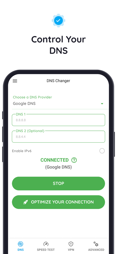 DNS & IP Changer - Secure VPN - DNSチェンジャーアプリのインターフェース。接続済みステータスと接続最適化ボタンが表示されています。