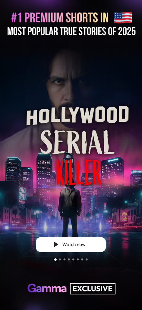 Pantalla promocional de la aplicación GammaTime para la serie Hollywood Serial Killer mostrando a un hombre en una calle de ciudad con luces de neón por la noche.