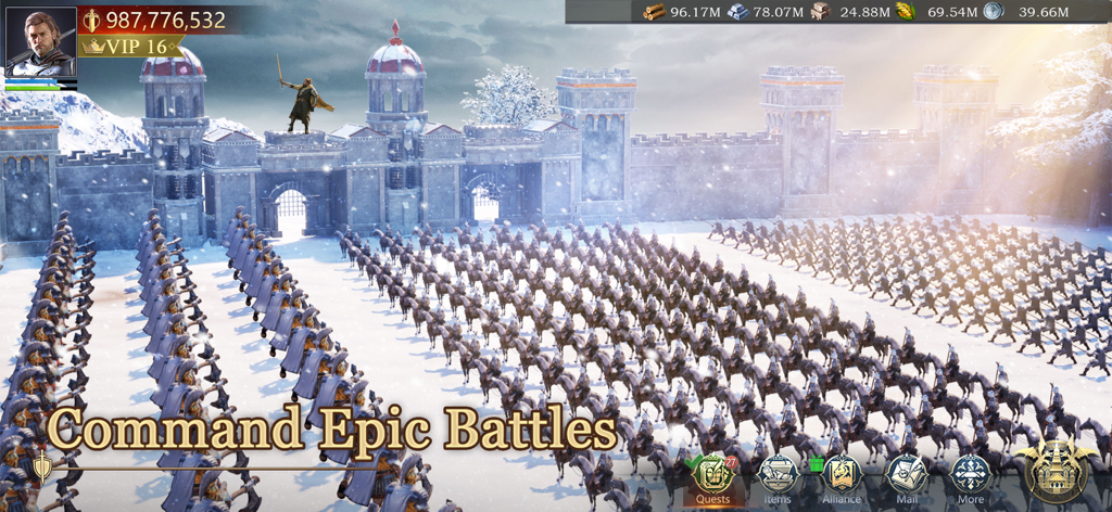 Game of Kings:The Blood Throne - A massive army of cavalry and infantry standing in formation before a medieval fortress in a snowy landscape