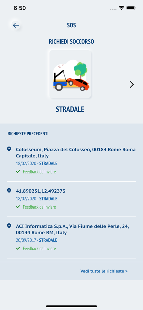 ACI Space - Interface of the ACI Space app showing the roadside assistance SOS screen with a history of previous requests in Rome